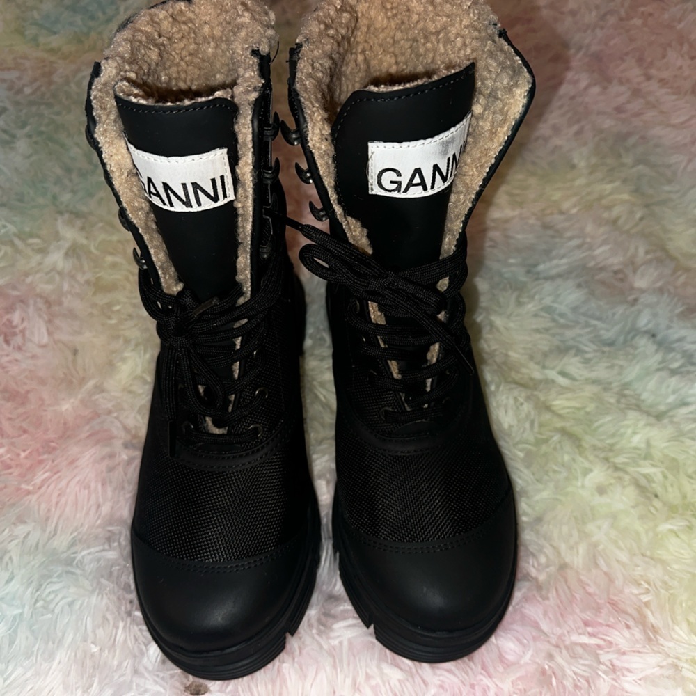 New GANNI Black Recycled Mixed Lace-Up Boots Size 37 - Picture 4 of 9
